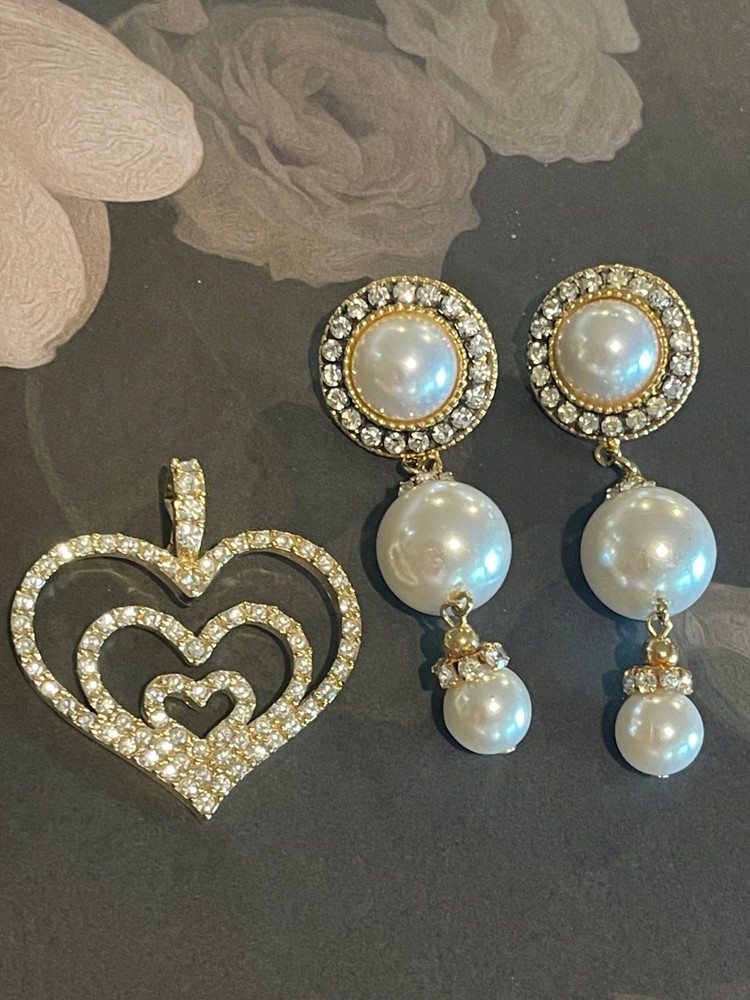 Signed Nolan Miller Triple Heart Pendant And Unsigned Dangle Faux Pearl Earrings