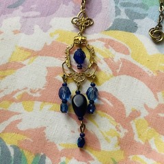 Vintage Dark Blue Glass Necklace Gold Tone Filigree Art Nouveau Look