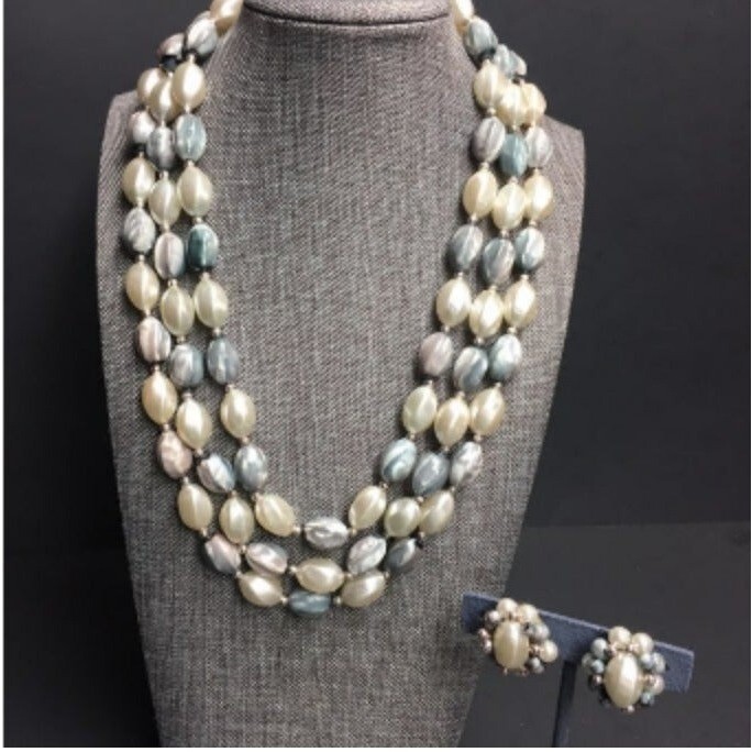 Necklace Clip On Earrings Grey Gray Vintage Triple Strand Silver Gold Push Clasp