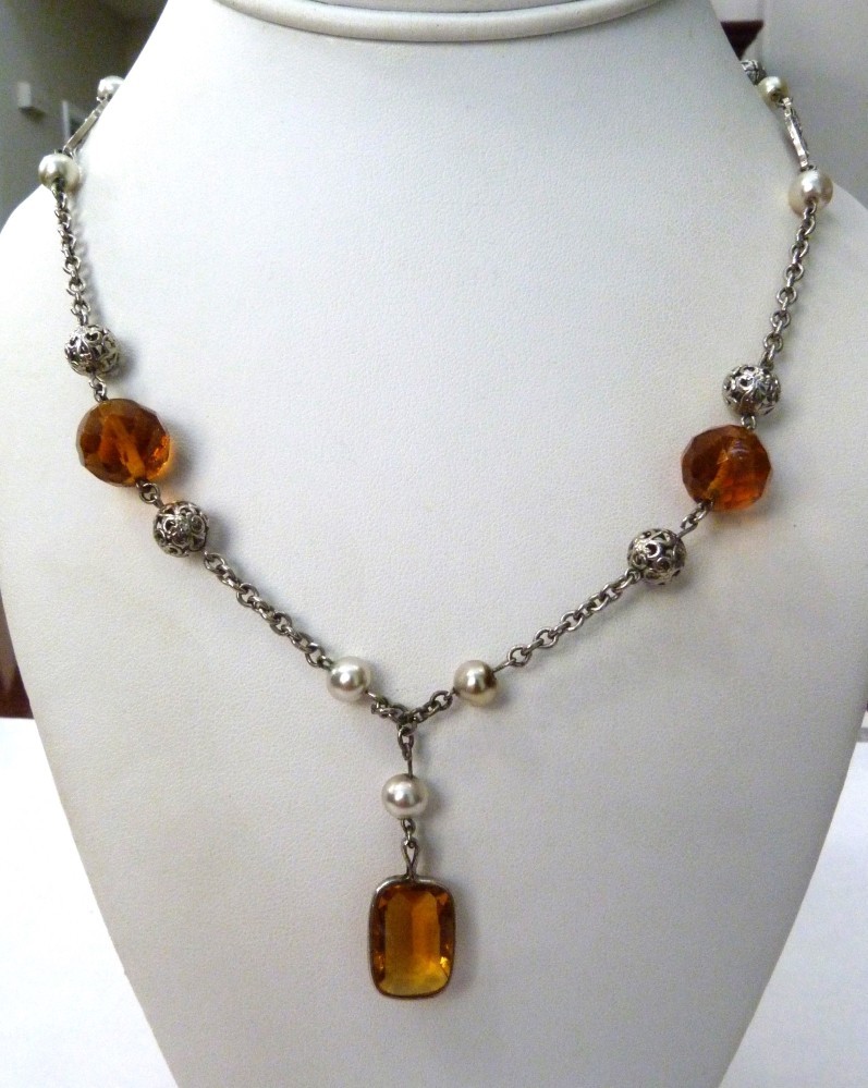 ANTIQUE VINTAGE ART DECO CZECH BEZEL-SET CITRINE GLASS FAUX PEARL BEADS NECKLACE