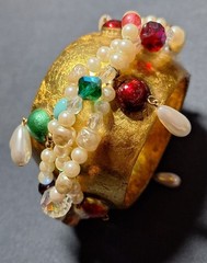 OOAK Vnt. 1980s-1990s “Ross Madole” Cuff Bracelet/Gold Leaf w Faux Pearls & Gems