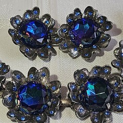 Signed Judy Lee Bracelet & Errings Blue Rhinestones Aurora Borealis Vintage