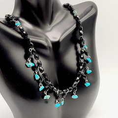 Southwestern Style Black Glass Faux Turquoise Beaded Fringe Vintage Necklace