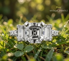 Asscher 4CT Lab Created Diamond Vintage Three Stone Engagement Ring 14K Gold FN