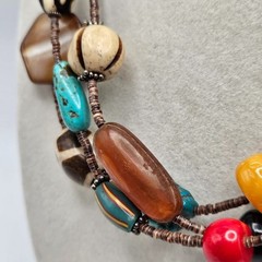 VINTAGE Genuine Stone Wood Three Strand Leather Boho Beaded Necklace