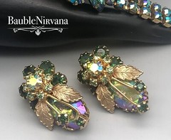 VTG Juliana AB Iridescent Peacock Blue&Green Gold Leaves Bracelet&Earrings Set