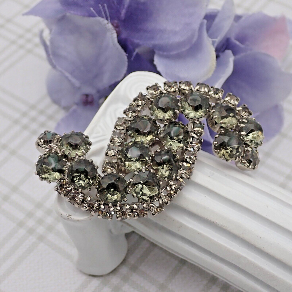 Vintage Smoky Gray Rhinestone Silver Tone Swag Pin Brooch