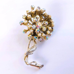 Vintage Mid-Century Aurora Borealis Rhinestone & Faux Pearl Flower Brooch