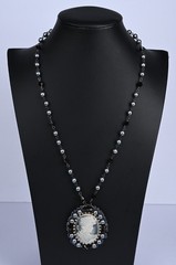 Vintage Cameo Necklace Blue Faux Pearl Black Bead Rhinestone 23″