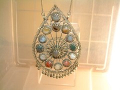 Large Vintage Silver/Bi Metal Gemstone Pendant Chain Necklace India Filigree 5″