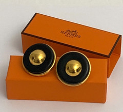 HERMES Paris Clip Earrings Black Leather Gold Tone Statement Signed Designer VTG