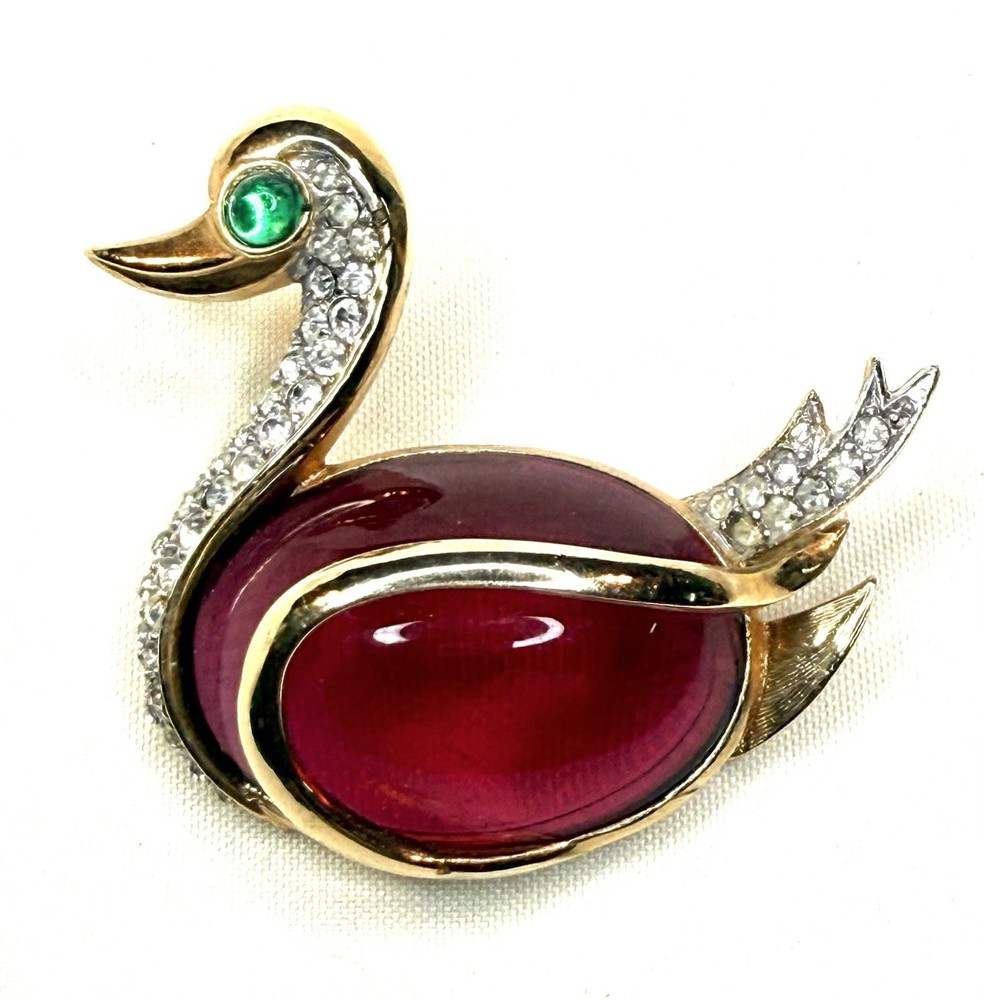 Vintage Crown Trifari Red Jelly Belly Swan Rhinestone Brooch Pin Mid Century