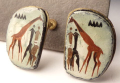 ANTIQUE ENAMEL HAND PAINT GIRAFFE AFRICA SCENIC ARTIST BRASS SCREW BACK EARRINGS