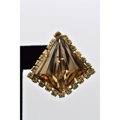 Vintage Crystal Clip On Earrings Pyramid Brown Gold Chunky Signed 1960s BinBF