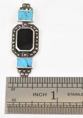 Sterling Silver Art Deco Turquoise Onyx Marcasite Pendant Necklace 18in 6.2g