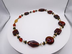 Chunky Modernist Beaded Cognac Molded Glass 20″ Statement Stackable Necklace