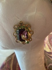 Vintage Gold Tone Necklace And Clip Earrings Purple & Lime Green Stones