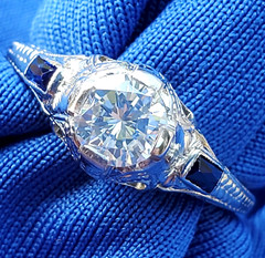 Original EARTH MINED DIAMOND Deco Engagement Ring Vintage Sapphire Solitaire 14K