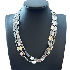 Vintage Flat Disc Necklace Extra Long Chain Link 56 in Silver Tone Metal Layered