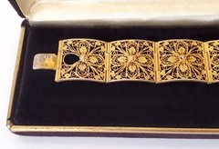Antique Italian Gilt Silver Filigree Panel Bracelet, Natural Salmon Coral Drops