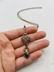 Vintage Egyptian Revival Art Nouveau Lavalier Filigree Scarab Beetle Necklace