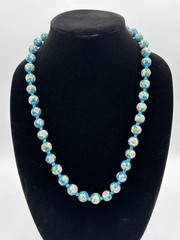 Vintage Chinese Turquoise Cloisonne Enamel Hand-Knotted Floral Bead Necklace 26