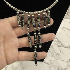 Vintage Y2k Silver Black Choker Necklace Floral Clay Beads Metal Ring Bib