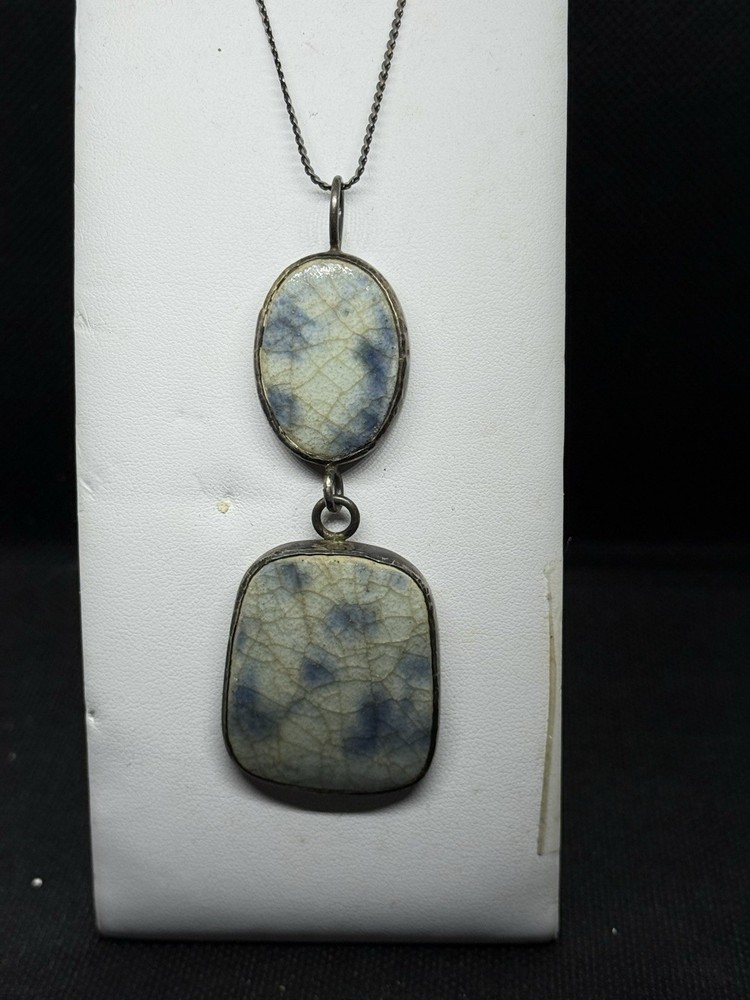 Vintage Handmade Ceramic Pottery Pendant with 925 Silver Trim 24″ Chain