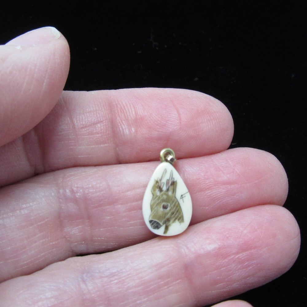 Scrimshaw Style Reindeer Deer Head Pendant Teardrop Charm Small 1/2″ signed