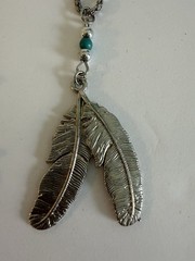 Vtg Indian Head Buffalo Nickel Coin Necklace Turquoise Accents 24″ + Feather 18″