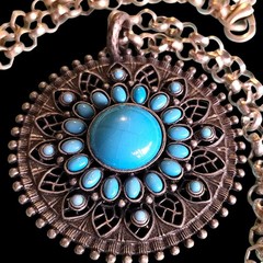 Vintage Large Imitation Turquoise Open Work Cut Out Medallion Necklace 32in
