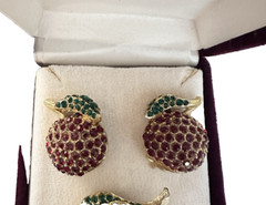 Rare Vintage LA ROCO Gold Tone Red Green Rhinestone Cherry Brooch & Earring Set