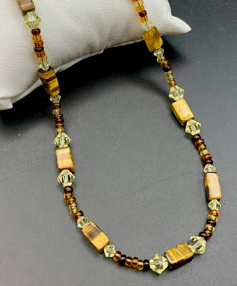 Hand Crafted Necklace Tiger’s Eye Gemstone and Crystal Beads 15″