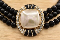 Vintage Black Bead Faux Pearl Rhinestone Enamel Multi Strand Choker 1980s BinBH