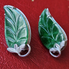 RARE Solid 14k White Gold Carved Spinach Green Jade Large Vintage Earrings