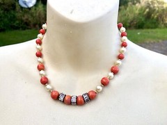 Estate 14K Gold Bead, Coral Glass, And Glass Pearl Beaded Necklace