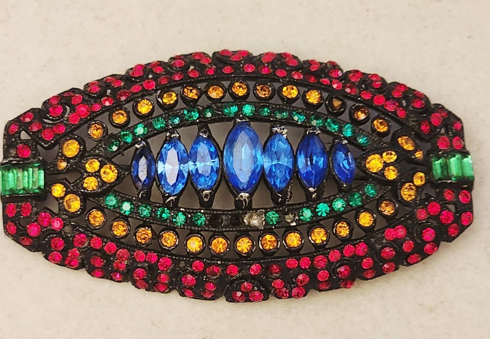Czechoslovakian Brooch Art Deco Vintage 2 5/8″ Wide Colorful Rhinestones