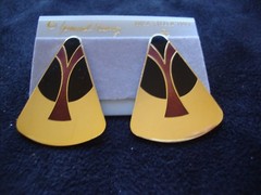 VINTAGE SAMUEL HUANG CLOISONNE EARRINGS BLACK & RED ENAMEL GOLD FILLED POST