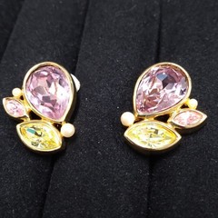Swarovski Swan Gold Tone Lavender Yellow Pink Crystal Earrings Clip-On