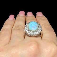 Vintage Opal Diamonds 14k White Gold Large Cocktail Ring Halo Estate Gift