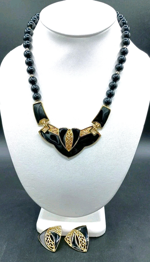 Vintage Egyptian Revival Bib Necklace Stud Earring Set Black Beaded Gold Tone