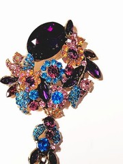 Purple & Blue Acrylic & Glass Rhinestone Brooch Pin 4 3/4″ Long