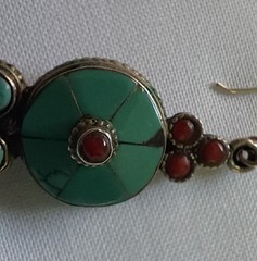 Tibetan Dangle Earrings Silver Tone Turquoise Coral Inlay Jewelry