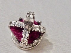 VINTAGE SILVER PLATE CROWN CHARM RED MATERIAL & SILVER 1 1/8″ MINIATURE CROWN
