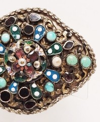 Antique 1890’s Austro Hungarian Almandine Garnet, Enamel, Turquoise Pearl Brooch