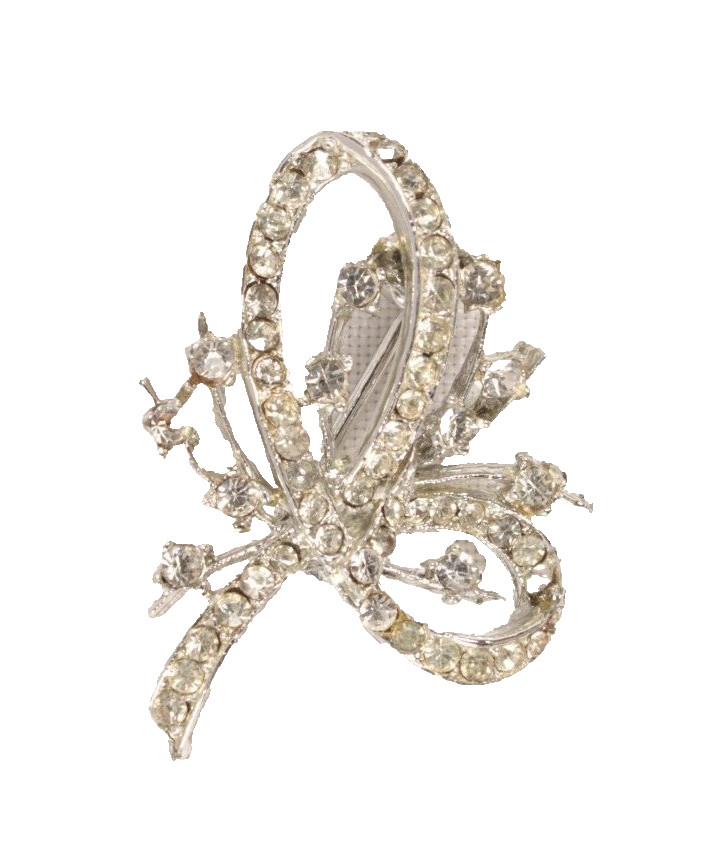 Vintage Rhinestone Pin Brooch Floral and Ribbon Design 1.5 Inches Long WOW!
