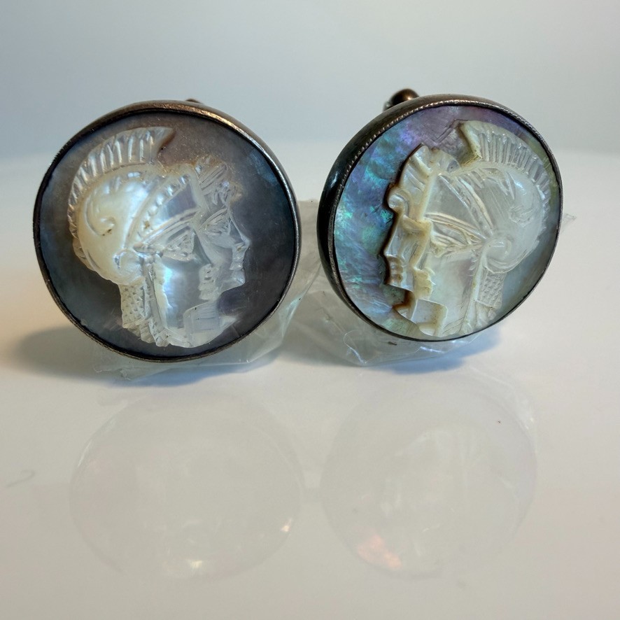Vintage Sterling Silver Roman Soldier Carved Abalone Shell MOP Cameo Cufflinks