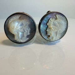 Vintage Sterling Silver Roman Soldier Carved Abalone Shell MOP Cameo Cufflinks