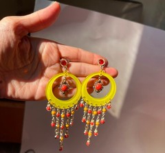Vintage Thailand Boho Lucite Hoop Chandelier Earrings & Orange Resin Bangle Set