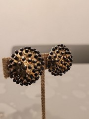 Vintage Handmade Studded Pins Beads Sequins Black/GoldOrnate Clip-On EarringsK49